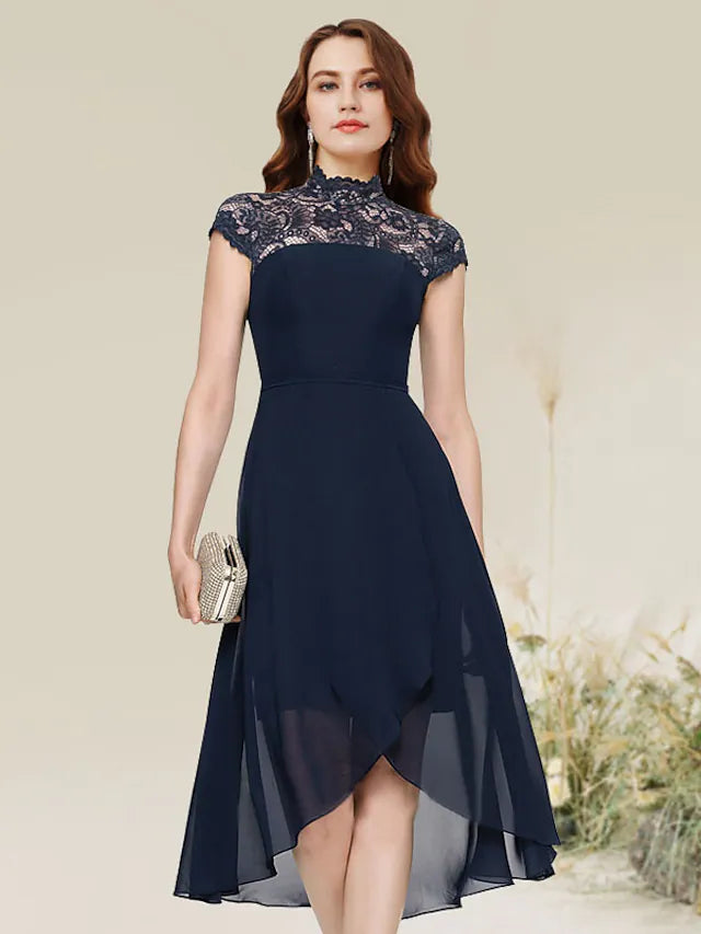 A-Linie Cocktailkleider Flirty Dress Homecoming Asymmetrisch Ärmellos Jewel Neck Chiffon mit Spitzeneinsatz